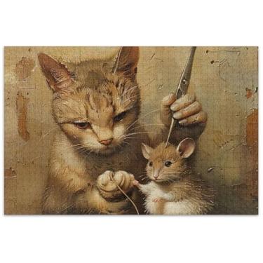 Imagem de Quebra-cabeças engraçados para corte de cabelo com rato de gato, 500 peças para adultos, animais, floral, colorido, jogo de quebra-cabeça, presentes