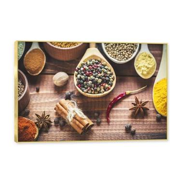Imagem de Moldura dourada. Arte de parede em tela de especiarias coloridas e colher de tempero | Decoração de cozinha vintage | Arte moderna para casa e sala de jantar. C50. 60 x 90 cm - 23,7 x 35,5 pol
