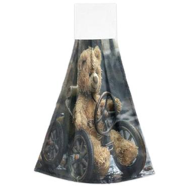 Imagem de Toalhas de mão de outono com laço de pendurar urso de pelúcia dirigindo carro forno toalha conjunto de 2, toalhas de casa e cozinha fofas altamente absorventes, 18,2 x 14 polegadas
