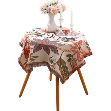 Imagem de Wuluwala Toalha de mesa pequena quadrada floral de 89 cm rústica de tecido de fazenda com borlas bordadas, capa de mesa lateral antirrugas lavável para decoração de mesa de festa na cozinha