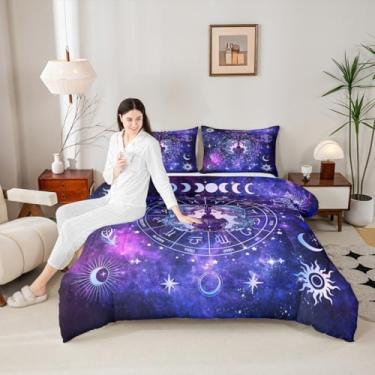 Imagem de Conjunto de edredom infantil Gêmeos, tamanho Queen, 12 constelações, astrologia, zodíaco, decoração de quarto de meninas, meninos, adultos, sol, lua, céu estrelado, galáxia, enchimento de edredom