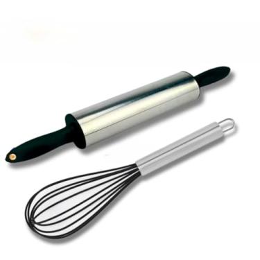 Imagem de Conjunto de 1 rolo de massa giratório de aço inoxidável + 1 batedor profissional