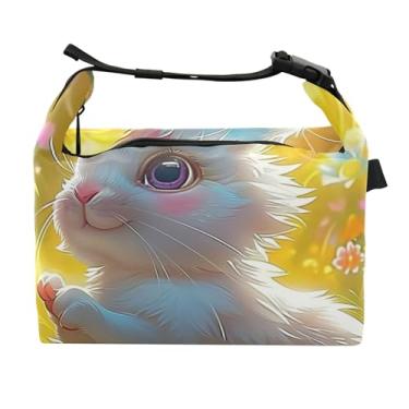 Imagem de TSENQUE Lancheira personalizada de coelho branco com flores de coelho para mulheres adultas lancheira isolada macia personalizada lancheira para trabalho