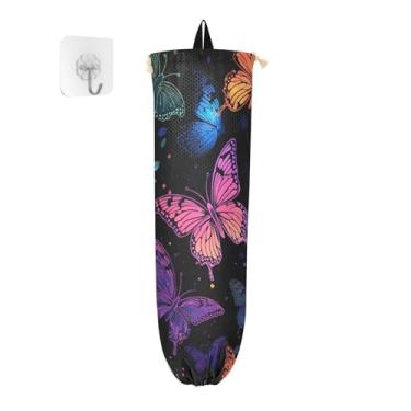 Imagem de Suporte de parede preto com borboletas coloridas, dispensador de sacolas de supermercado, organizador de sacolas para armazenamento de sacolas plásticas de cozinha