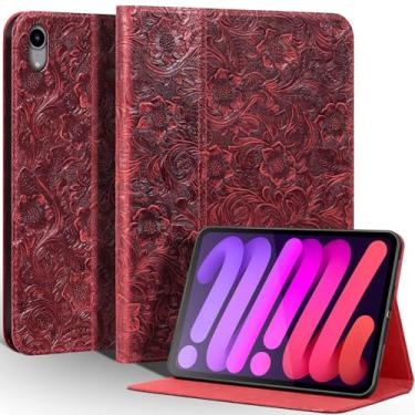 Imagem de Gexmil Capa de couro para iPad mini 7 (A17 Pro) 2024 / iPad mini 6 geração 2021 8,3 polegadas, capa de couro de vaca premium com suporte ajustável, despertar/hibernar automaticamente, vermelho floral