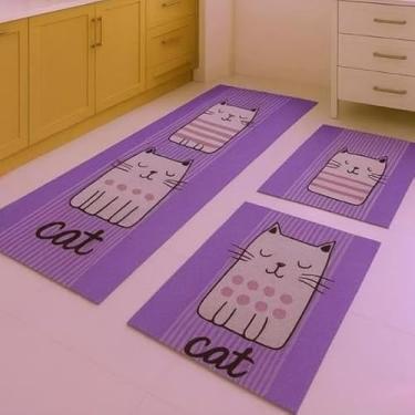 Imagem de Kit 3 Tapetes para Cozinha Algodão e Poliéster Passadeira Decorativa Macia Antiderrapante Uso Diário (Gato Lilas)