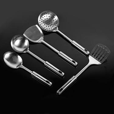 Imagem de GLOGLOW Utensílios de Cozinha Conjunto de Utensílios de Cozinha Com Furos para Pendurar, Prata, Inclui Colher, Colher de Sopa, Escorredor, pá Plana, Espátula 5 Peças de Aço Inoxidável Nan