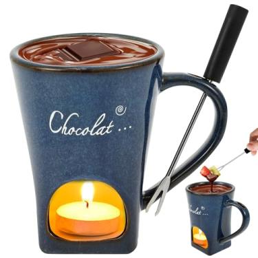 Imagem de YLMFTNU Caneca de fondue de chocolate, pote de chocolate derretido com garfo, copo de fondue doce, conjunto de panela de derretimento de fondue de cerâmica leve, suporte de vela Tealight, copo