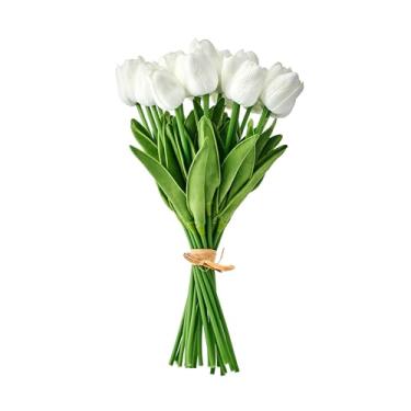 Imagem de Mikasa Flores artificiais de tulipas falsas, hastes de tulipas brancas com vegetação, conjunto de 20 flores de seda de plástico realistas, buquê de tulipas falsas para vaso de decoração de casa