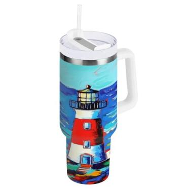 Imagem de Wassud Copo para farol e veleiro com alça e tampa de canudo copo isolado garrafa de água de aço inoxidável à prova de vazamento caneca de viagem presentes para mulheres 850 g