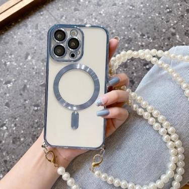 Imagem de Capa de carregamento sem fio magnética Pearl Crossbody com cordão para iPhone 15, 16, 16E, 14, 13, 12, 11 Pro Max Plus, azul, para iPhone 16 Pro Max