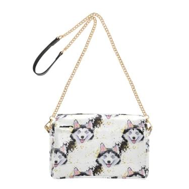 Imagem de Joitme Bolsa feminina transversal para celular bolsa de ombro de couro PU alça de corrente bonito cão Husky aquarela