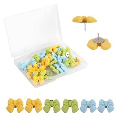 Imagem de 30 Tachinhas Decorativas em Formato de Laço, Tachinhas de Plástico Adoráveis Laço para Decoração Murais Cortiça Ideais para Escolas Escritórios e Residências (Azul, Amarelo, Verde)