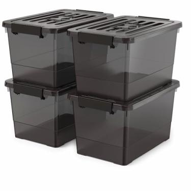Imagem de YYXB Caixas de armazenamento empilháveis de 17 litros com tampas, recipientes de armazenamento de plástico transparentes pretos com travas, bolsas organizadoras para armário, despensa, quarto, garagem