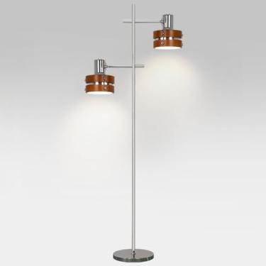 Imagem de Luminária de chão clássica com duas cabeças, estrutura ajustável em ferro e madeira de seringueira, cromada, com lâmpadas tricolores de 5W e soquete E27, ideal para sala de estar e quarto, 1