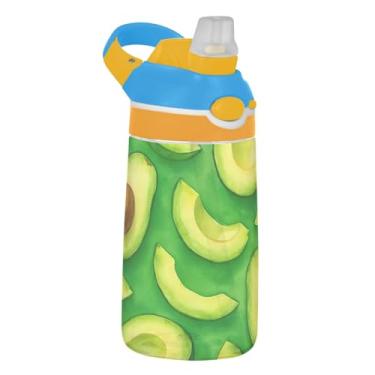 Imagem de Garrafa de água esportiva infantil de 473 ml com tampa de palha, garrafa de água Tritan reutilizável de 473 ml, copo infantil portátil à prova de vazamento, alça de transporte, aquarela verde abacate