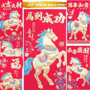 Imagem de Cavalo envelope vermelho do ano novo chinês, Hongbao 2026, bolsos de dinheiro da sorte resistentes do ano lunar chinês, envelopes vermelhos para dinheiro com 6 padrões dourados em relevo 36 peças