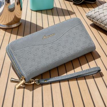 Imagem de Carteira feminina, bolsa de mão longa vintage com zíper duplo com alça de pulso removível, organizador de couro de duas camadas de grande capacidade com bloqueio RFID (azul)