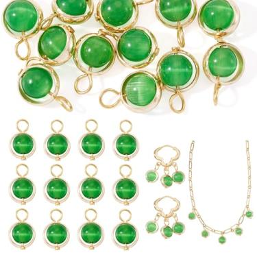 Imagem de FASHEWELRY 12 peças pingentes de vidro olho de gato 6 mm ouro latão redondo pingentes pendentes para joias, pulseira, colar, brinco, suprimentos artesanais, DIY verde