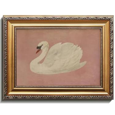 Imagem de Reateforin Arte de parede vintage emoldurada dourada com estampa de cisne branco neutro arte de parede pássaro mal-humorado vintage decoração de banheiro casa de fazenda pintura de cisne antigo