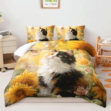 Imagem de AILONEN Conjunto de edredom kawaii, tamanho casal, para crianças, meninos, meninas, tema animal fofo, 3 peças, colcha de girassol amarelo e borboleta com 2 fronhas