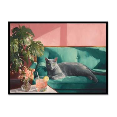 Imagem de Gato preto com Martini impressão de arte fofo gato peculiar coquetel bar decoração moderna casa cozinha arte de parede pintura em tela pôster estética (SKU9,12x16 polegadas = (30x40 cm), moldura de