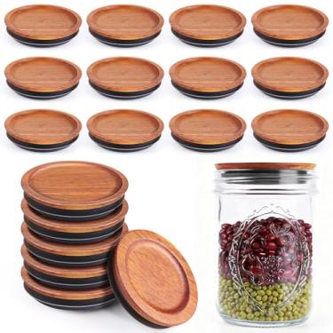 Imagem de Pacote com 12 tampas de frasco de vidro de boca larga - tampas de madeira de acácia de 8,4 cm com vedação de silicone hermética, tampas de pote de conservas, reutilizáveis e laváveis na lava-louças
