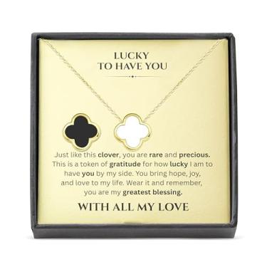 Imagem de SHINYY Colar feminino de trevo de 2 lados | Pingente da sorte de quatro folhas banhado a ouro 18K | Joias de 4 folhas para ela, Dainty, Banhado a ouro 18K, Sem Pedra Preciosa