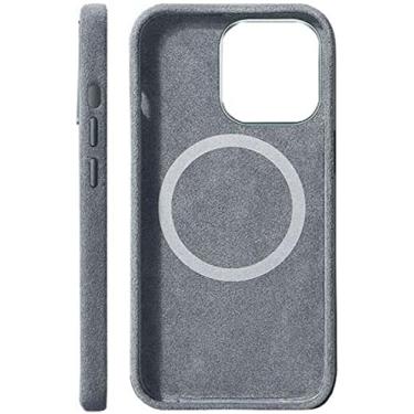 Imagem de FULNES Luxuosa capa de telefone traseira totalmente embrulhada, para capa Apple iPhone 14 Plus feita de material Alcantara 6,7 polegadas 2022 [carregamento sem fio] (cor: cinza)
