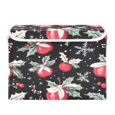 Imagem de Wassud Cestas de armazenamento de Natal com tampas, folhas de azevinho de Natal, caixotes dobráveis empilháveis de tecido, cestas de linho, organizador de armário, recipiente 42 x 32 x 30 cm