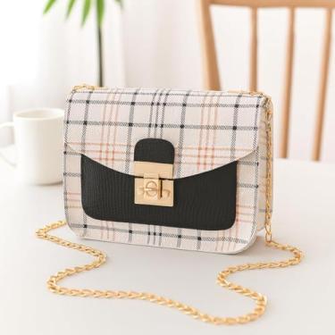 Imagem de Bolsa transversal xadrez feminina – Bolsa de ombro quadrada pequena estilo coreano com fecho de trava, Preto, Medium