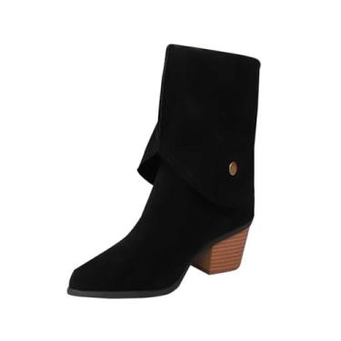 Imagem de Botas femininas modernas, casuais, cano baixo, bico fino, duas vias, grosso, salto médio, Preto, 39