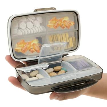 Imagem de Organizador de comprimidos de viagem, estojo de medicamentos portátil, organizador de comprimidos de plástico, hermético, à prova de umidade, recipiente de vitaminas com 8 compartimentos, trava de