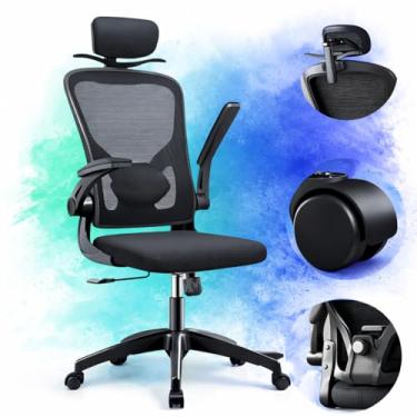 Imagem de Cadeira de Escritório Ergonômica Giratória com Apoio Lombar, Encosto em Mesh Estofado, Design Simples e Confortável para Home Office, Escritório e Estudo Diário para Longas Jornadas de Trabalho PRETA