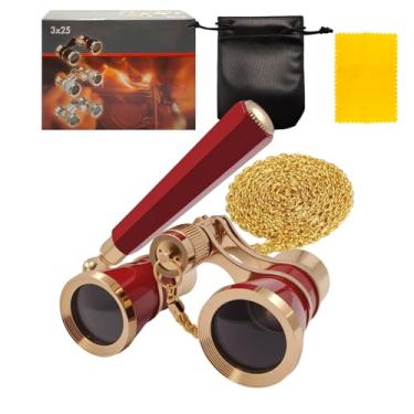 Imagem de Binóculos de ópera de 3 x 65 cm com alça e corrente ajustáveis, pequenos óculos elegantes para adultos e mulheres, binóculos de fantasia portáteis vintage para shows musicais, cinema (vermelho)