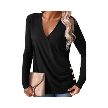 Imagem de Blusa Elegante plus Size Com Decote Em V E Botões, Camiseta De Manga L
