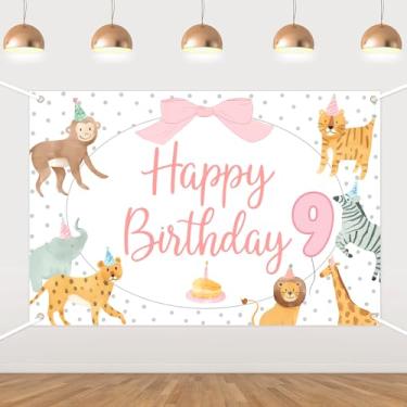 Imagem de Fundo de festa de aniversário de animais, decoração de aniversário de 9 anos de safári rosa, jardim zoológico, vinil, 1,5 x 0,9 m, banners de fundo fotográfico para artigos de festa selvagem