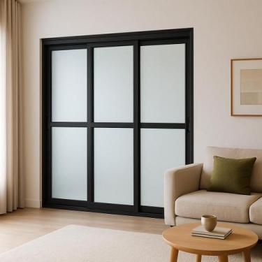 Imagem de Porta Balcão 3 Folhas Vidro 210x150 Alumínio Preto Linha 25 Com Fechad