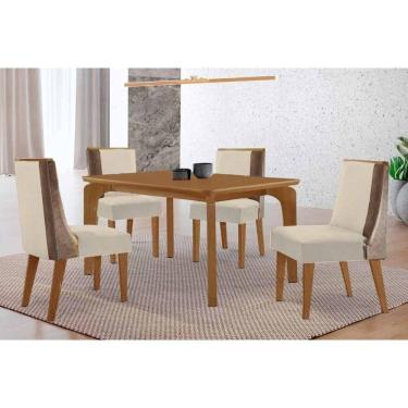 Imagem de Conjunto: Mesa Sala Jantar Londrina c/ Tampo Madeirado Canto Curvo 120x80cm e 4 Cadeiras Tilia Naturale - Linho Bege Rufato