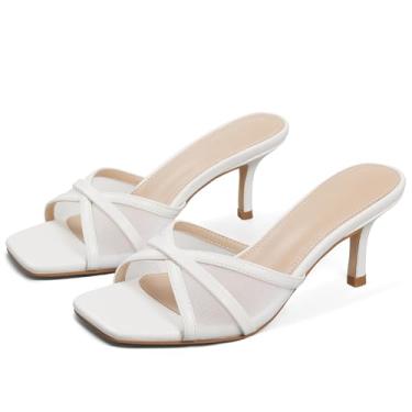 Imagem de Eteridrey Salto gatinho preto feminino salto de malha salto quadrado aberto salto mule verão confortável salto baixo, 1 branco, 39