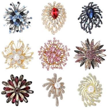 Imagem de Broches De Luxo Femininos Com Strass Em Formato De Flor, Alfinetes De 