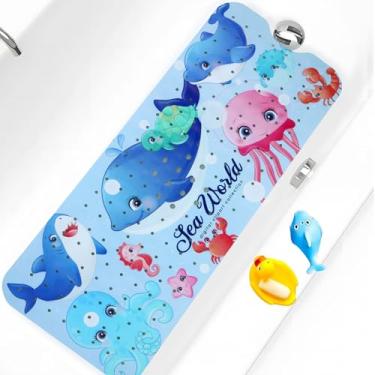 Imagem de Tapete de banho infantil antiderrapante para banheira extra longo 102 x 40 cm, tapete de chuveiro antiderrapante com ventosas e orifícios de drenagem, lavável na máquina, baleia grande