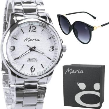 Imagem de relogio feminino aço prata + caixa + oculos protecao uv analogico casu
