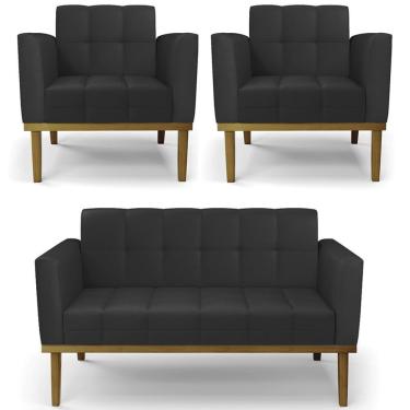 Imagem de Sofá Namoradeira E 2 Poltronas Base Madeira Castanho Ana Sintético Preto - Ibiza