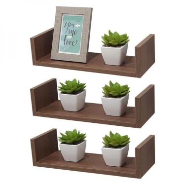 Imagem de Kit 3 Prateleiras U 50 X 25cm Nogal Suporte Invisível