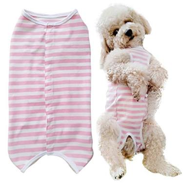 Imagem de Kukaster Pet Camiseta Dog 's Recovery Suit pós-cirurgia para filhotes, roupas protetoras de ferimentos para pequenos animais (listras brancas rosa, GG)