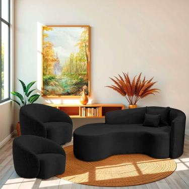 Imagem de Kit Recamier Curvo Sala De Estar Inglaterra 200cm Lado Direito E 2 Poltronas Orgânica Luxo Amore Linho Preto