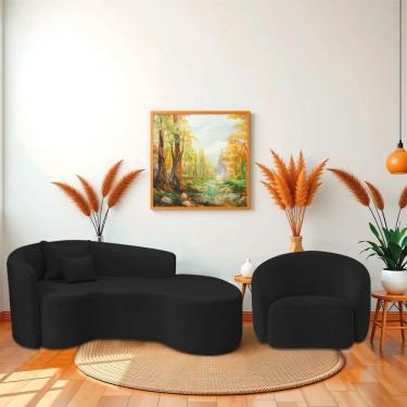 Imagem de Kit Recamier Curvo Sala De Estar Inglaterra 200cm Lado Direito E Poltrona Orgânica Luxo Amore Bouclé Preto