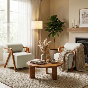 Imagem de Kit 2 Poltronas Chloe Decorativas Orgânicas Bouclé Premium de Luxo para Sala Quarto Recepção Encosto Rolo Estrutura Amadeirada