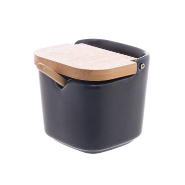 Imagem de Saleiro de Mesa de Cerâmica com Tampa de Bambu Preto 9 x 9 x 8,5cm Wolff